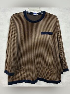 Vintage 80s Cape Cod Blue Tan Houndstooth Knit Top Tunic Large Flaw